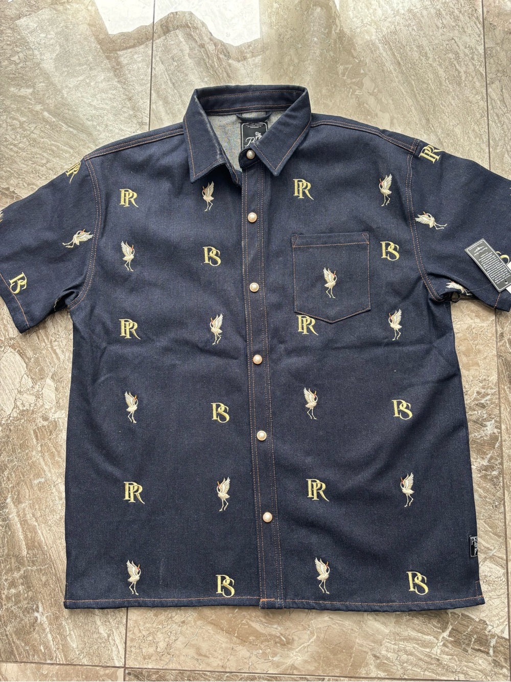 PRPS Men’s Fukue Embroidered Short-Sleeve Denim Shirt